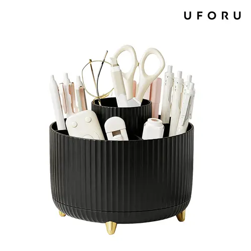 UFORU Modern Plastic 360° Rotating Makeup Organizer - 5 Compartments, Smooth Luxury Stripe Design, Bathroom Organizer for Vanity Desk Accessories, Storage Organization for Brushes, Lipstick, Skincare