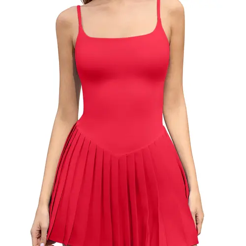 QINSEN Strappy Square Neck Tennis Dress for Womens Pleated Built in Shorts Golf Atheletic Dress with Pockets