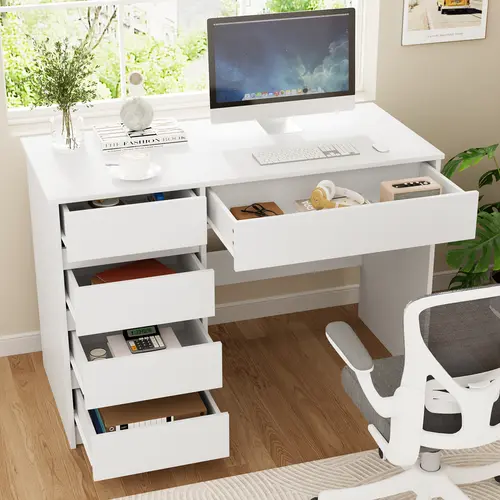 VOWNER Computer Desk with 5 File Drawers Cabinet 43 Inch Home Office Desk with Storage Shelves Work from Home Modern Work Writing Study Table for Bedroom White Black