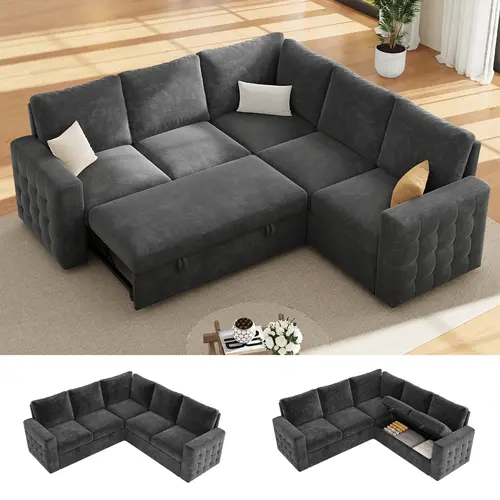 【3-4 Packages】86 Inch Sectional Sleeper Sofa, 5-7 Seat L Shaped Sleeper Sectional Couch with Pull Out Bed, Convertible Sofa Bed with Storage for Living Room, Apartment, Modular Cloud Couches