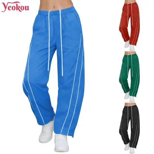 Yeokou Women's High-Waisted Tapered Track Pants, Breathable Color-Block Lightweight Nylon Activewear Lounge Pants with Pockets & Adjustable Drawstring, Chic Women's Bottoms