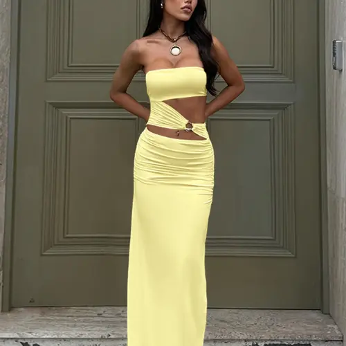 Women's Summer Elegant Strapless Sleeveless Thigh-Slit Long Dress, Plain Slim-Fitting Casual Dress for Daily Wear, Parties, Vacations, Bodycon Party Dress, Beach Party Dress