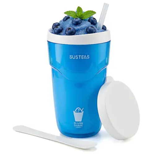 SUSTEAS Reusable Upright Freeze Cup Instant Smoothie Maker - 15min Ready, 240ml Double Wall Insulated Tumbler with Lid, Detachable Ice Mash Spoon & Straw, Portable for Slushy Soda Sips & Summer Use, Mix Drinks at Home