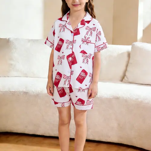 2-piece set of children's clothing, girls' white background, full body, love butterfly bow, red love drink bottle, printed pattern, short sleeved shorts, soft and comfortable top, small pocket, elastic waistband, home children's clothing, pajamas set