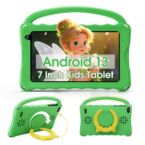 7 inch Kids Electronic Tablet with Stand, 4GB RAM 32GB ROM Android System, Parental Control Lock, Eye Protection Touchscreen, Shockproof Case, Adapter for Toddlers 4-12, Portable Handheld Device