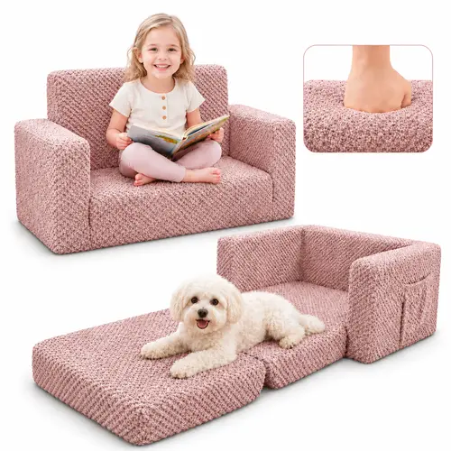 2-in-1 Kids Couch, Fold-Out Toddler Sofa Bed, Soft & Comfy Lounger for Naps, Reading & Play, Cute Gift for Boys & Girls
