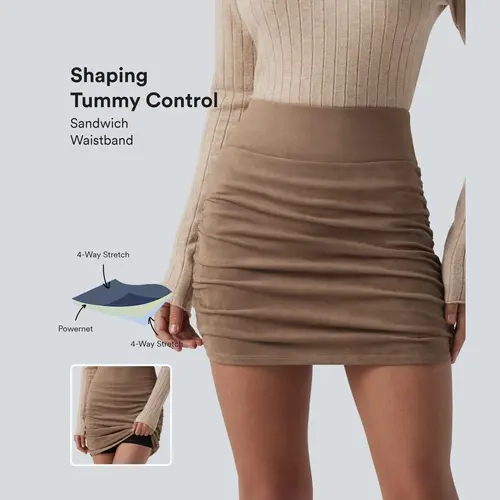 Halara High Waisted Tummy Control Ruched Curved Hem Bodycon 2-in-1 Suede Mini Skirt