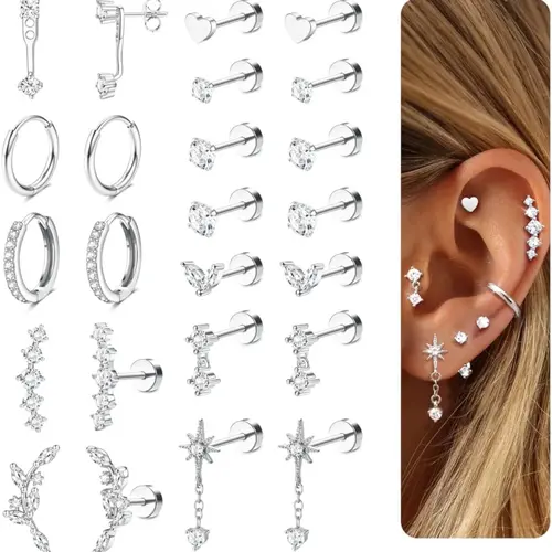 12 Pairs Women's Hypoallergenic Stud and Hoop Earrings Set, Stainless Steel Huggie Earrings for Multiple Piercings, Stainless Steel Hoops, Stackable Silver-Tone Options, Earring Stacks