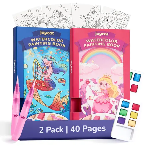 JoyCat Pocket Watercolor Painting Book for Kids Ages 4+, Portable Art Supplies Kit with DIY Materials, Magical Pony/Ocean Themes, Sturdy Pages Support Smooth Painting, Drawing & Creativity Toy for Travel/Birthdays