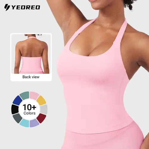 YEOREO SoftHue Women's Impact Halter Tank Top Longline Backless Scoop Neck Built-in Bra Sports Workout Gym Crop Top summervibes Fitness Wear Sleeveless Activewear summerwins,travel essentials,camping essentials