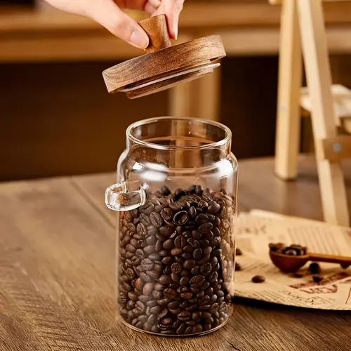 Airtight Round Glass Food Storage Canister Set with Woody Bamboo Lids - BPA-Free, Compact, Convenient Transparent Reusable Jars (20.29oz-25.36oz, 3.54inW x 4.72inH) with Silicone Seal, Utensils for Spice, Coffee, Meal Prep, Kitchen Organization, Dustproof