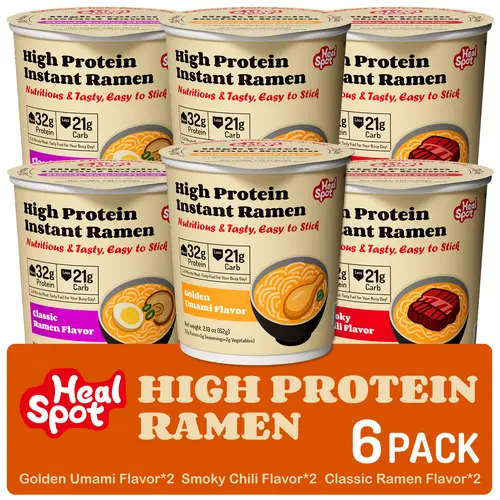 Healspot Instant Ramen Cups Variety Pack - 6 Cups, 32g Plant-Based Protein, Non-Fried, Low Fat, Low Carb, Non-GMO, Golden Umami, Smoky Chili, Classic Flavors, Food, Snacks, Tapioca Starch, Vital Wheat Gluten, Wheat Flour,back to school
