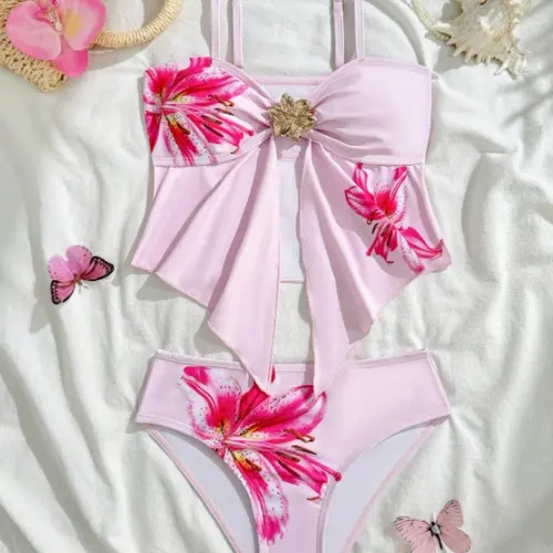 Women's Strapless Bikini with Large Floral Pattern, Floral Print Bikinis, Sexy Fashion, Stylish Summer Swimwear for Women, High Waist Swimsuit, Floral Print Swimsuits, Bandeau Bikini Sets, High Waisted Swimsuit
