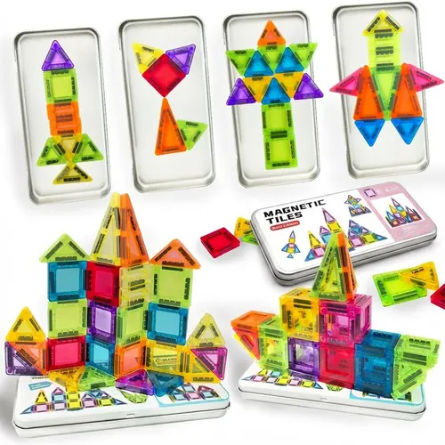 26/42 magnetic building blocks, Magnetic construction set, Magnetic tiles set, Building block sets, packed in a window tin box, suitable for STEM toys, educational puzzles, for children over 3, birthday and Easter gifts