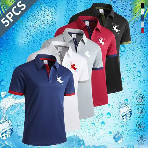 Men's 5-Piece Fitted Short-Sleeve Polo Shirts - Button Front Closure, Striped Neckline, Mix Color+Plain Options, Easy Striped Look, Casual Basic Menswear Top (M)