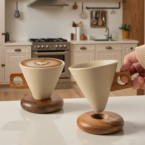 250ml Conical Ceramic Coffee Cup with Wooden Handle, Non-Toxic Cup, Cafe-Style Drinkware for Tea & Home Kitchen Use