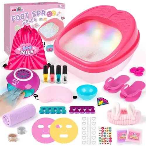Dreamon Kids Foot Spa & Nail Kit Toy Set - 25 Pcs Kids Spa Day Kit with Middle Size Rainbow Light Massage Foot Soak Tub - Manicure Pedicure Art Salon Girl Toy, #backtoschool