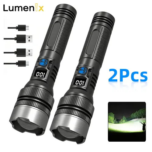 1200 Lumen 2-in-1+Power Bank Flashlight，Digital display ofpower, Rechargeable,Zoomable,,X4Waterproof,Adjustable Brightness Flash Light for Outdoor, Emergency,Camping Accessories, Black BackToSchool