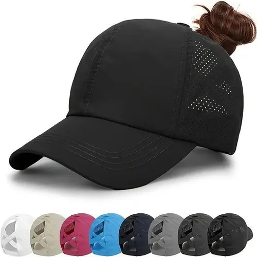 Women's 2-Pack Trucker Hat - Solid Black High Messy Bun Cap with Quick-Drying Nylon Mesh, Adjustable Snapback, Street Fashion Cap, Trendy Stylish Hat, Streetwear Headwear Accessories