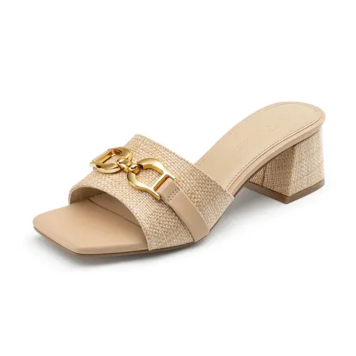 Women's Classy Polyurethane Raffia Heeled Sandals - Square Open Toe, Slip-On Mules, Low Chunky Block Heels, Chain Decorated, Summer Vacation Footwear, Classy Sandals
