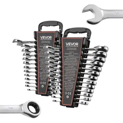 【Summerfinds】VEVOR 26-Piece Dual-Ended Ratcheting Combination Wrench Set, Cr-V Steel 72-Teeth SAE & Metric Open-End Wrenches with Rack Organizer, Size Labels, Tools and Gadgets, Work Tools, Silver Car DIY Use