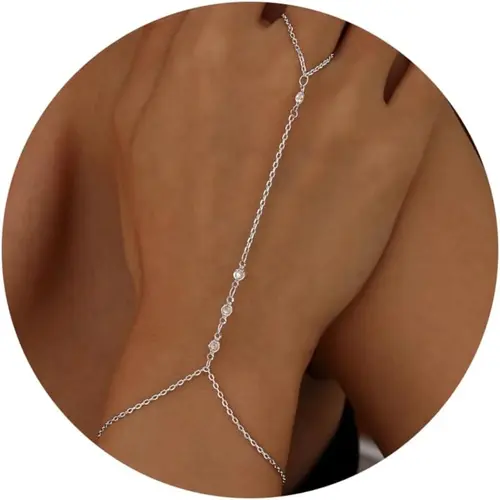 Hand Chain Bracelets for Women, Exquisite Bracelet, 14k Gold Plated Ring Bracelet with Cubic Zircon, Dainty Stackable Silver Link Chain, Elegant Jewelry Bracelet, Stacked Design Bracelets, Fashion Bracelet