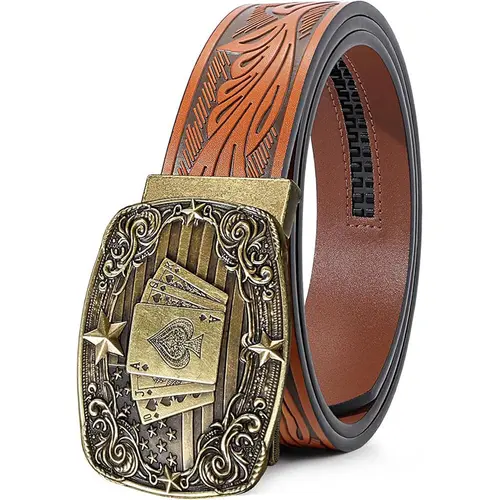 BELTROAD Men's Western Cowboy Belt - 1/4 Inch Embossed Leather, Adjustable Ratchet Buckle, Hole-Less Fit for Jeans & Casual Wear, Men's Accessory, Gifts for Him, Belts, Cowboy Stuff