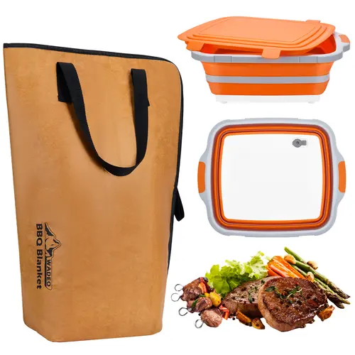 WADEO Collapsible BBQ Prep Tub Kit - 16L Silicone Basin with Snap-Lock Cutting Board Lid, Insulated Meat Resting Bag, Compact Folded Portable Grill Accessory for Camping, Beach, Crabbing, Great Dad Gift