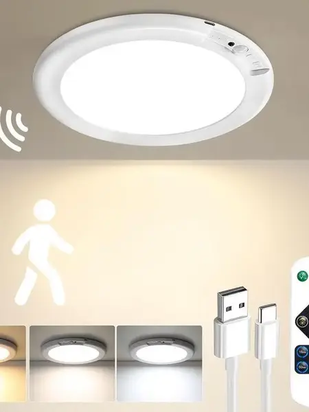 Rechargeable Motion Sensor Ceiling Light with Remote - Magnetic Wireless Ceiling Light Battery Powered for Closet Shower Stairs Shed Hallway Porch Patio ect,Suitable for various scenarios, easy to install.