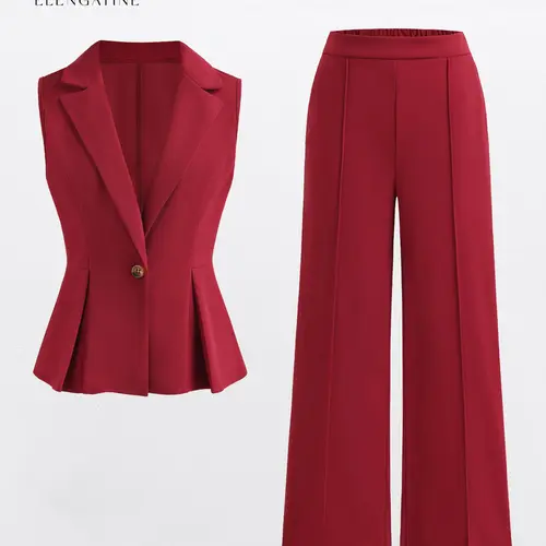 Elengatine Women's Chic Fitted Boss Babe 2-Piece Set - Sleeveless Blazer Vest, High-Waisted Tailored Pants, Polyester Power Outfit for Work & Events, Women 2 Piece Sets with Elegance & Style