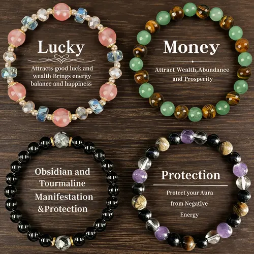 Exquisite Boho Crystal Beaded Bracelets - Obsidian, Black Tourmaline & Tiger Eye for Money Attraction, Elegant Elastic Stacking Jewelry for Party Daily Wear, Good Luck Gift bracelet for Women Men Couples, Ideal Gift for Mom's Day,