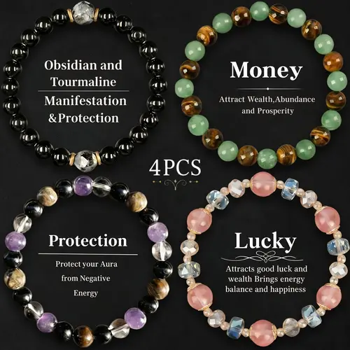 4 Pcs Exquisite Bohemian Beaded Bracelet - Tiger Eye, Obsidian, Jewelry for Banquet Party, Encouragement Gift for Her couple bracelet fashion artificial bracelet daily wear party elegant Colorblock Beaded Bracelets for Women and Men sohochic