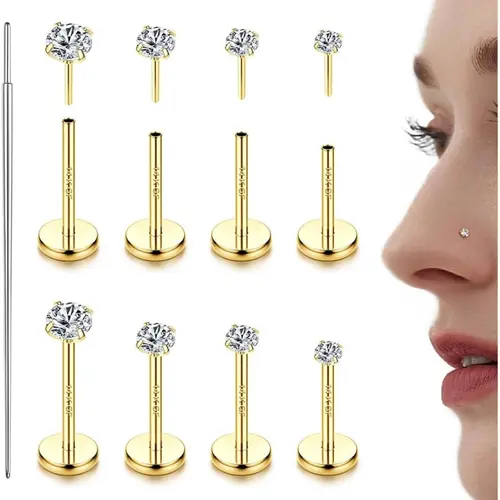 14K Gold Plated 316L Steel Threadless CZ Nose Studs, Ideal for Women & Men, Lip Labret Studs, Flat Back Stud Earrings, Hypoallergenic Body Piercing Jewelry for Nose, Tragus, Helix and Cartilage, Body Jewellery, 16/18/20G