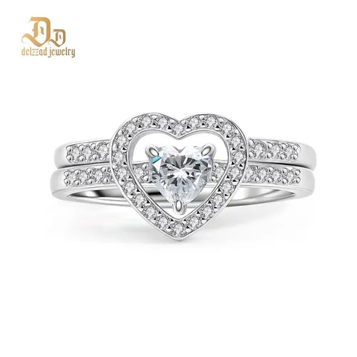 Delzzad 14K Gold-Plated Halo Heart Cut Ring Set D Color VVS Synthetic Moissanite Women's Wedding Engagement Promise Ring Marriage Statement Anniversary Valentine's Day Gifts