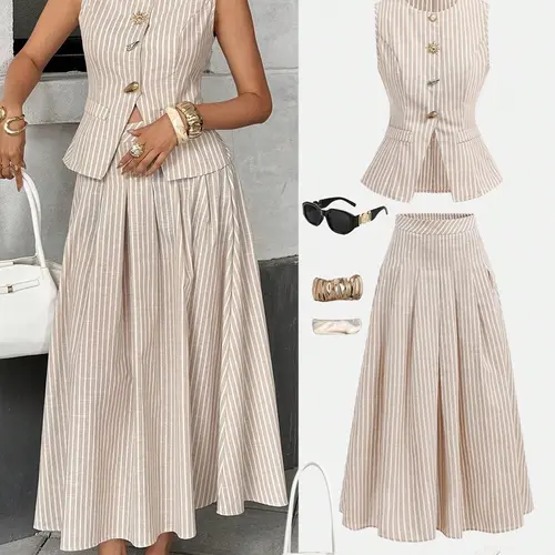 Women's Fine Stripe Two-Piece Set, Striped Sleeveless Fitted Waist Cinching Vest Gilet + High-Waisted Pleated Flowy Long Skirt, Elegant Romantic Casual Style Outfit, Summer Matching Sets, Suits, Clothes