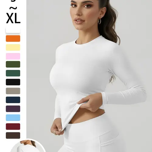 Women's Simple Solid Color Sporty Top, Comfortable High Waist Yoga Shirt, Elastic Fabric, High Stretch Sporty, Short Sleeve, Above the Ankle, Spring & Fall, Gym Performance Top, Sports Tops, Athletic Yoga Tops