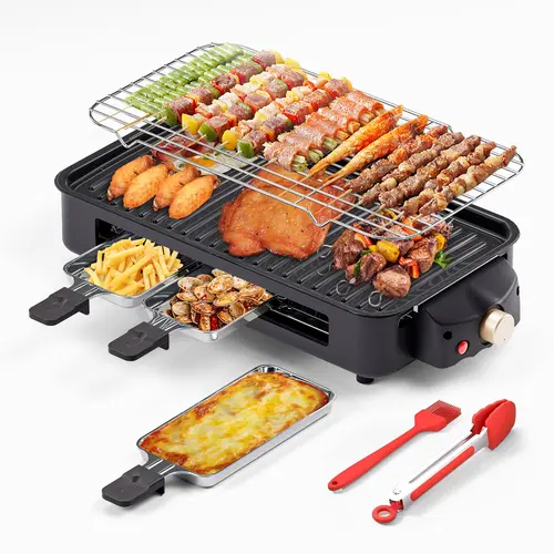 1500W Plug-in Electric Indoor Grill - 2-in-1 Nonstick Adjustable BBQ Grill with Removable Griddle Plate, Temperature Control, 3 Cheese Pans, Dishwasher Plates, Set Heat & Start Cooking Fast Capabilities, Nonstick Grill
