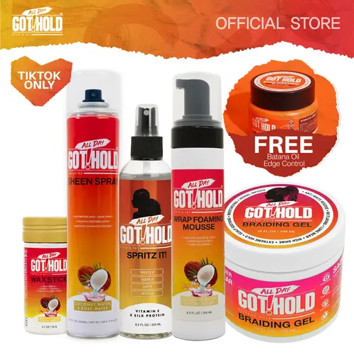 ALL DAY GOT HOLD Flawless Daily Lightweight Braiding Gel Kit Bundle - Sulfate-Free, Unisex, Wax Stick, Sheen Spray, Foaming Mousse, Spritz It + Free Edge Control Gift for 4c Textured Hair, Straight Styles, Frizz Control, Hydration & Shine Enhancing