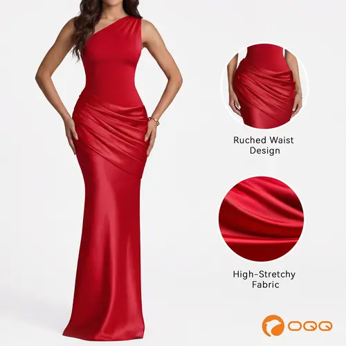 OQQfitness Women's 1-Shoulder Ruched Bodycon Maxi Dress - Chic Formal Wear Gown, Elegant Solid Lady Dress for Night Out Birthday Party, All-Season Formal Gown