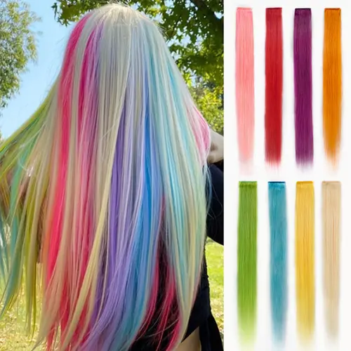 2pcs/pack 100% Human Hair Colored Clip In Hair Extensions 18inch Straight Hairpieces Red/Blue/Pink/Purple/613/Yellow/Orange/Green Color New Fashion Hair Replacement Hair Weft Clips Hair#tiktokshopbacktoschool