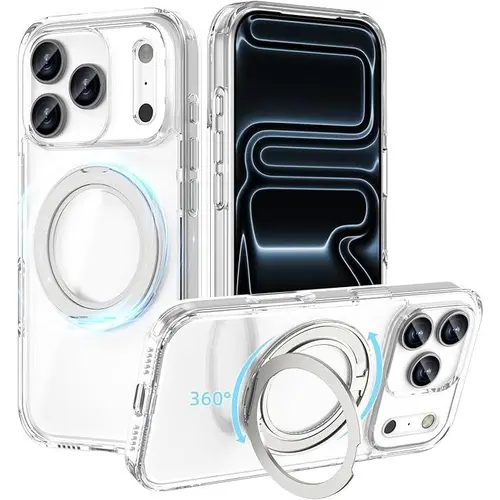 Mag-Safe Compatible Smartphone Case, 360-Degree Rotatable Magnetic Ring Stand Phone Protector for iPhone 12/13/14/15/16/17 Pro Max Plus, Military Shockproof Matte Transparent Handheld Devices Accessories