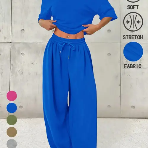Women's Casual Solid Color Set, One Shoulder Design, Loose Knit Short Top Long Pants, Fashionable Comfortable Wear, Spring & Fall, Outfit, Womenswear