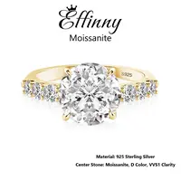 Effinny Tarnish-resistant 14K Gold-Plated 925 Sterling Silver Synthetic Certified Moissanite Engagement Ring, 2/3/4 Carat Excellent Round Cut D Color VVS1 Promise Wedding Travel-friendly Jewelry for Women