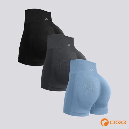 OQQ Women's 3-Pack Zone-Knit Seamless Gym Shorts, High-Waisted Ruched Butt-Lifting with Tummy Control for Yoga, Active Wear, Above Knee Fitted Bottoms