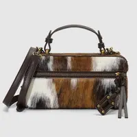 URBAN REVIVO Women's Cow Print Calf Hair Box Bag - Vintage Fluffy Crossbody with Top Handle, Textile Liner, Synthetic Material, Funky Unique Accessories, Plush Touch Shell, Bovine Fur Adds Plush, Vintage Charm, Lower Temp Wash Ok for Everyday Use