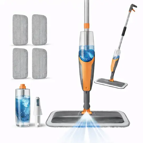 Spray Mop for Hardwood/Tile Floors, 360° Swivel Head, 4 Reusable Microfiber Pads,Refillable Bottle,Scraper,One-Handed Operation,Multi-Surface Wet/Dry Use,Lightweight Rust-Proof Pole