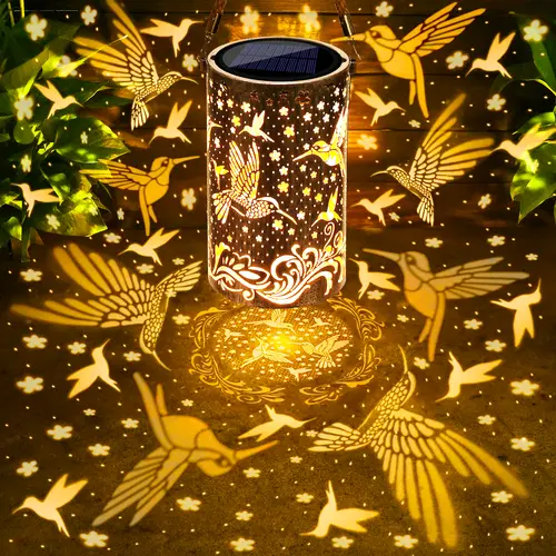 TOODOUR Solar Bronze Metal Pattern Projector Lantern - Summer Garden Decor with Hummingbird, Butterfly, Dragonfly Designs, Waterproof Outdoor Party Lights for Patio, Balcony, Camping Gear (Batteries-Free Solar-Powered)