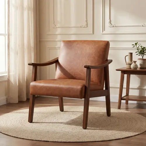 Costoffs Mid-Century Modern Faux Leather Cushioned Upholstered Accent Chair - Solid Wood Legs, Low Profile, Angled Backrest Supports You, Leather-Style & Lounge Living Room Furniture, Retro Seated Design, Bedroom Armchair