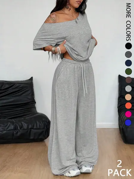 2pcs/Set Women's Minimalist Basic Casual Daily Wear Everyday Going Out Sport Comfortable Baggy Off Shoulder T-Shirt And Wide Leg Pants Two Pieces Outfits