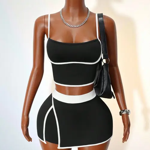 Summer Colorblock Halter Crop Top & Asymmetric Culottes Two-Piece Set, Sexy Lace-Up Design, Casual Sportswear, Athleisure Workout Set, Athleisure Summer Wear
